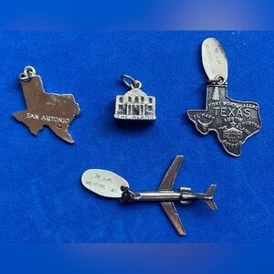 4 Vintage Sterling Silver Texas Charms, Airplane, Alamo, & Maps